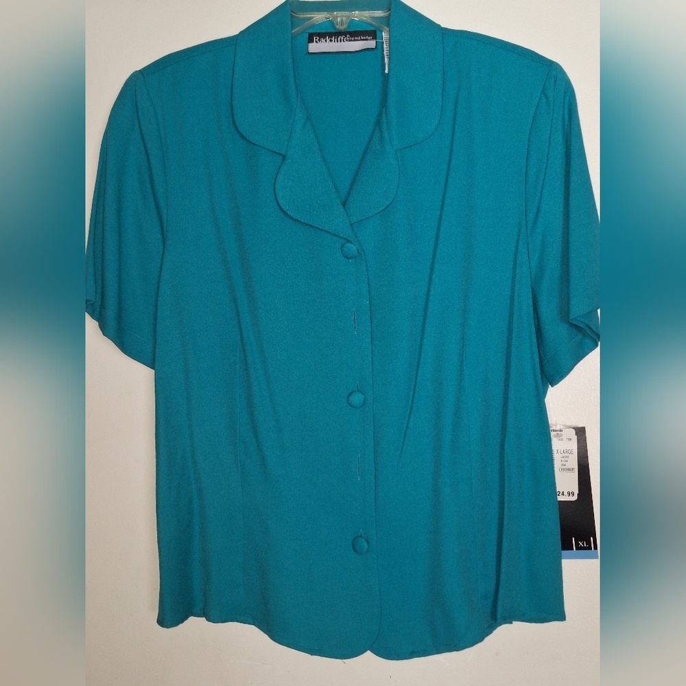 Radcliffe Blouse SzXL Ladies Teal Short Sleeves Covered Buttons Tie Back NWT